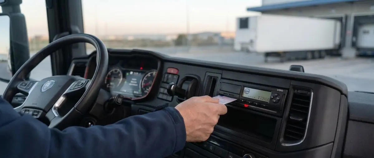 Driver inserting their card into the tachograph of a lorry