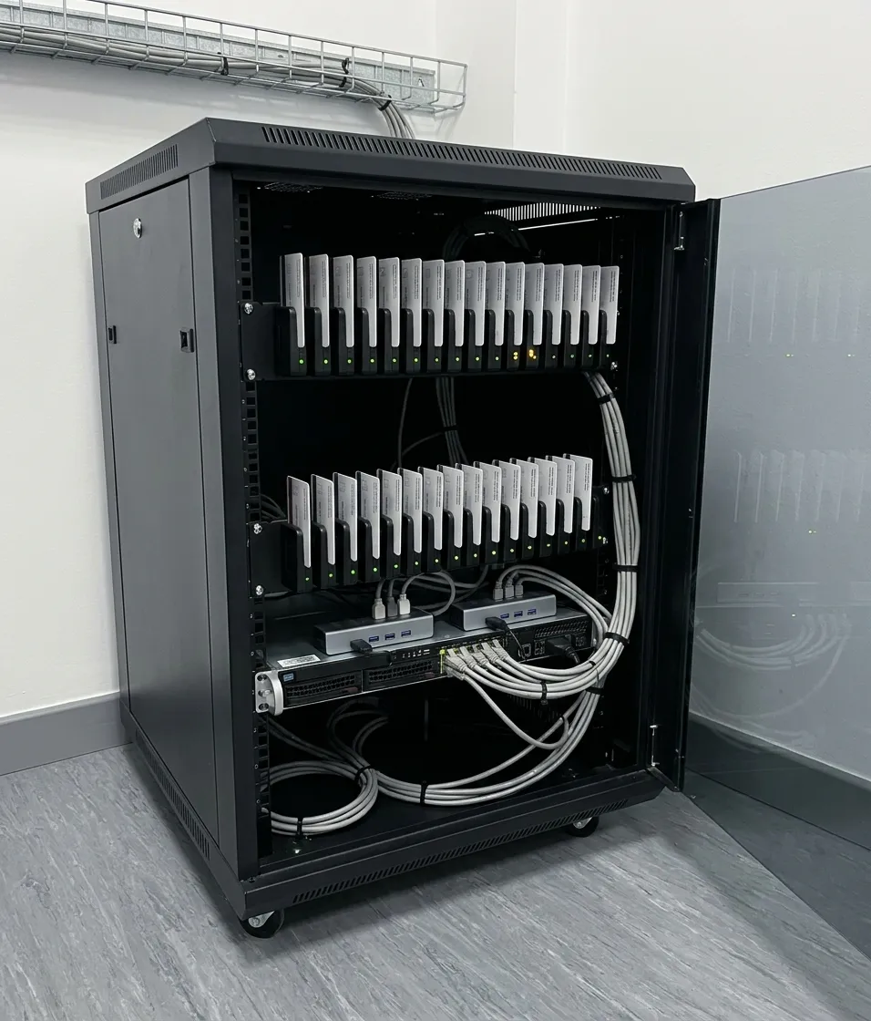 Open black rack cabinet with two trays of readers, each with a tachograph company card inserted and its light on, connected to USB hubs and a server
